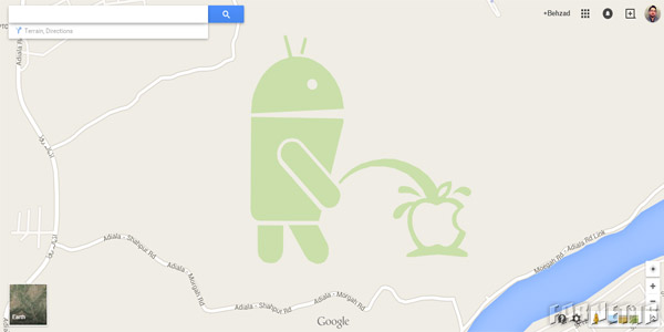 An Android is urinating on the Apple logo in Google Maps